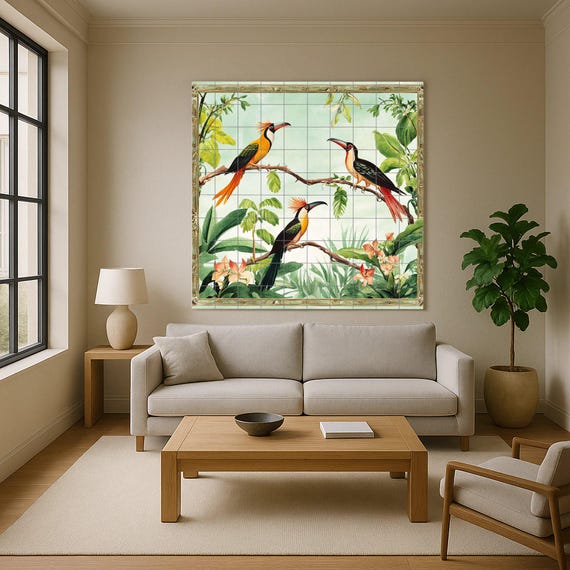 Mural de azulejos de cerámica con diseño de aves tropicales exóticas, diseño … — vista 4