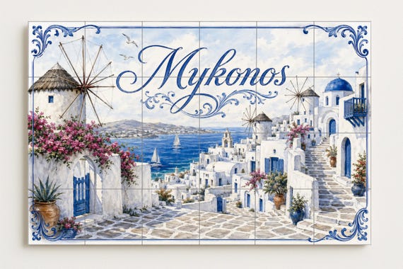 Mural de azulejos de cerámica de Mykonos, arte mural costero mediterráneo, pa… — vista 2