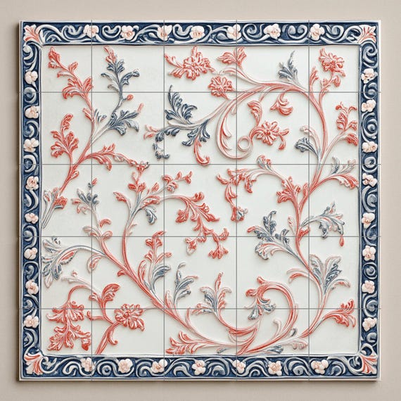 Elegante mural de cerámica con volutas botánicas, arte floral artístico para … — vista 2