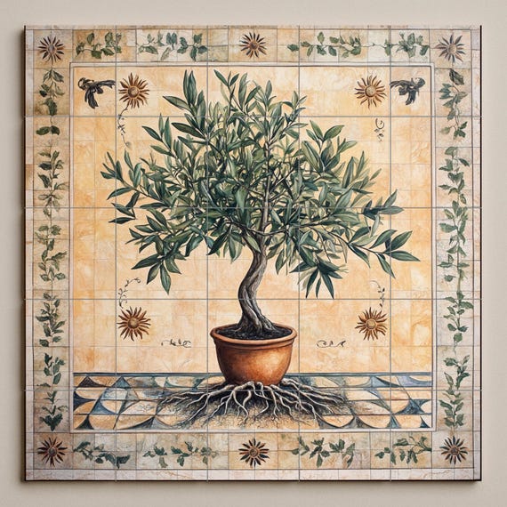 Mural de azulejos cerámicos de olivo de la vida con raíces y maceta de terrac… — vista 3