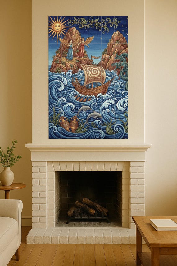 Mural de cerámica de Odiseo y las Sirenas, mito griego, panel náutico, decora… — vista 2