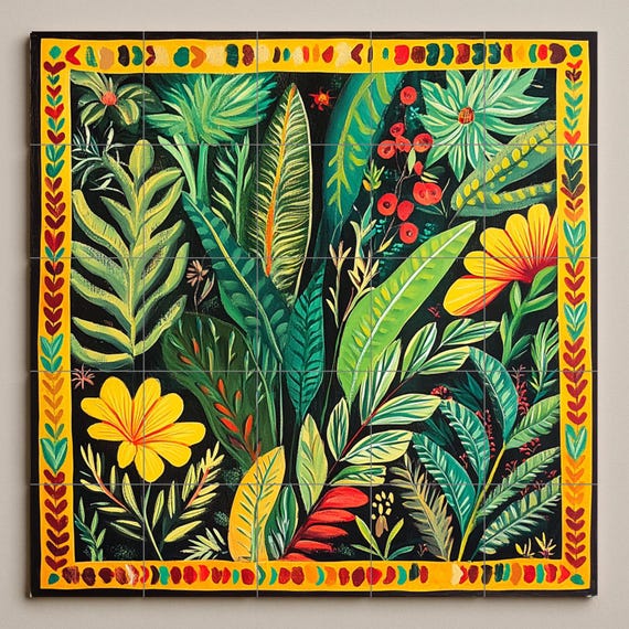 Mural de cerámica colombiana con follaje tropical — vista 2