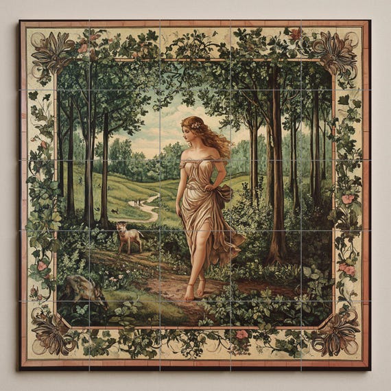 Mural de azulejos cerámicos de una diosa mitológica del bosque con alegoría p… — vista 3