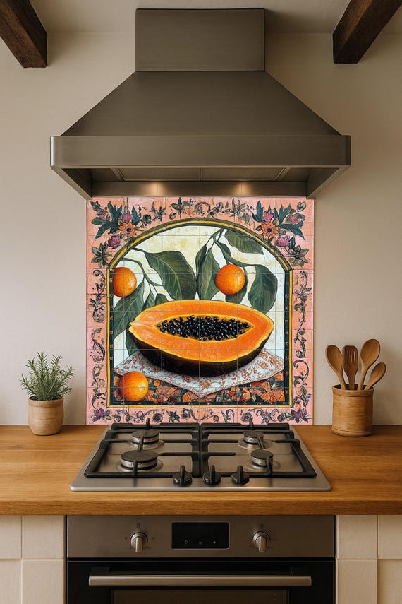 Mural de azulejos cerámicos botánicos coloniales con papaya y frutas cítricas… — vista 2