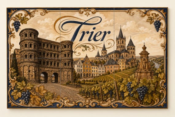 Mural de azulejos de cerámica de Trier, Alemania, arte mural de paisaje urban… — vista 3