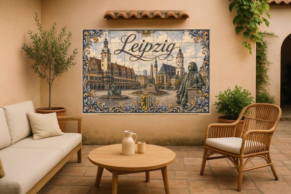 Mural de azulejos de cerámica de Leipzig, Alemania, arte mural con paisaje ur…