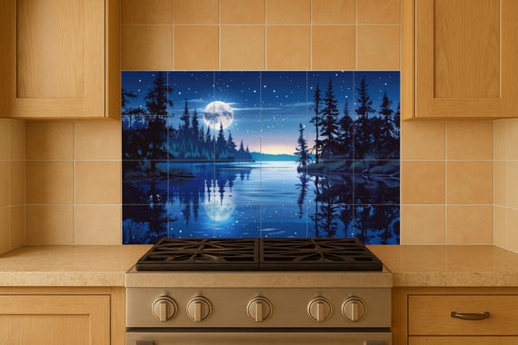 Mural de azulejos con lago y bosque iluminado por la luna — vista 4