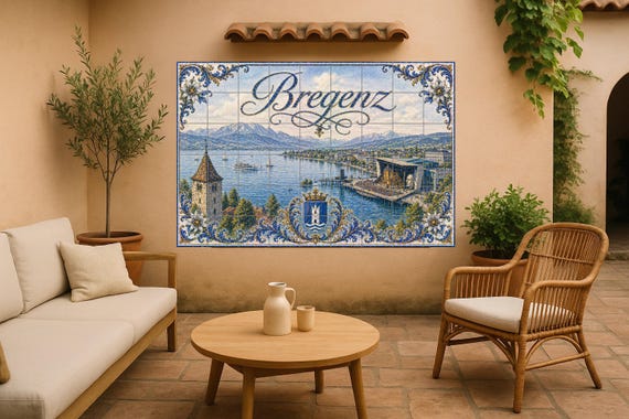 Mural de azulejos de cerámica del lago Constanza en Bregenz, Austria, con vis…