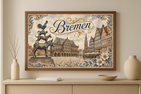 Mural de azulejos de cerámica de Bremen, Alemania, arte mural con paisaje urb… — vista 3