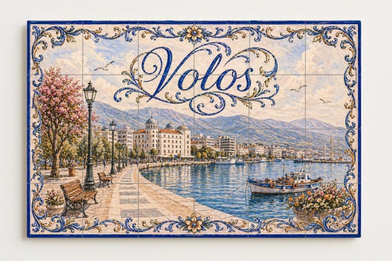 Mural de azulejos de cerámica de Volos, Grecia, arte mural del puerto griego,… — vista 4