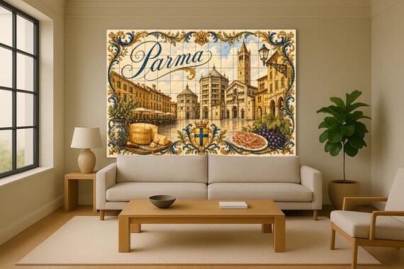 Mural de azulejos de cerámica de Parma, Italia, arte mural culinario italiano… — vista 2