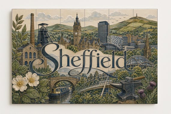 Mural de azulejos de cerámica de Sheffield, arte mural de estilo industrial i… — vista 4
