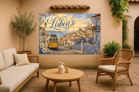 Mural de azulejos cerámicos de Lisboa Portugal, tranvía amarillo y decoración…