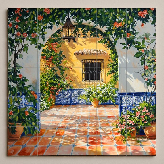 Mural de cerámica con patio soleado y arco de azulejos azules — vista 3
