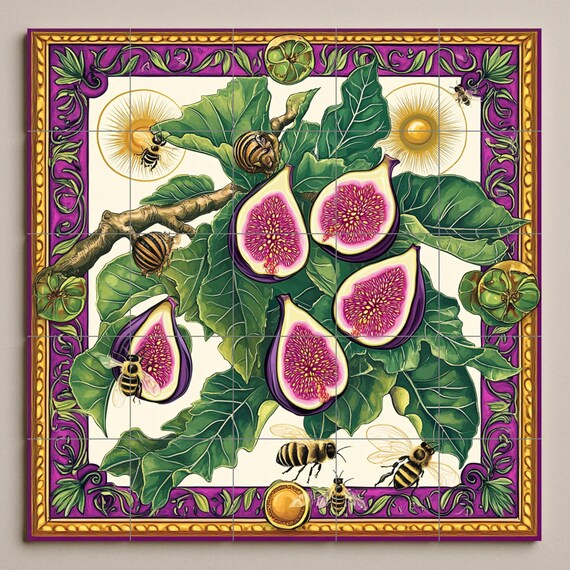 Mural de azulejos de cerámica con higos, hojas, abejas y caracoles, diseño de… — vista 3