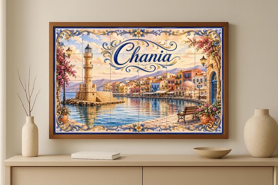 Mural de azulejos de cerámica de Chania, arte mural del faro del puerto grieg… — vista 3