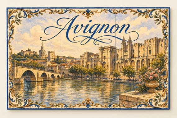 Mural de azulejos cerámicos de Aviñón, Arte mural de Provenza Francia con el … — Mural cerámico de Cerámicas La Noria