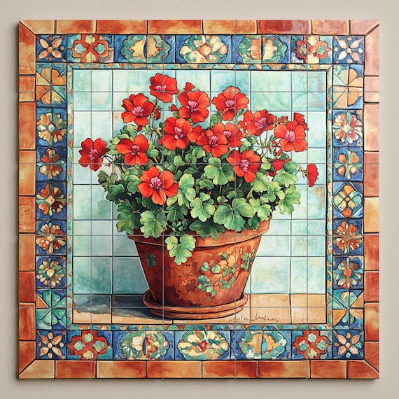 Mural de cerámica de geranio rojo — vista 3