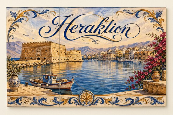 Mural de azulejos de cerámica de Heraklion, Creta, arte mural del puerto medi… — vista 4