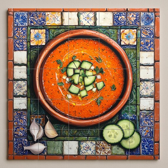 Mural de azulejos cerámicos de gazpacho andaluz con cuenco de terracota rústi… — vista 3