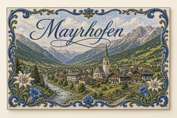 Mural de azulejos de cerámica de Mayrhofen, Austria, decoración de pared con … — vista 3