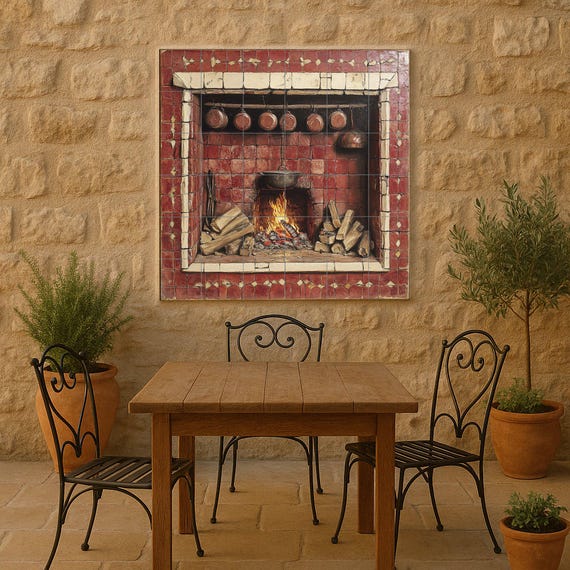Mural de azulejos de cerámica con chimenea rústica
