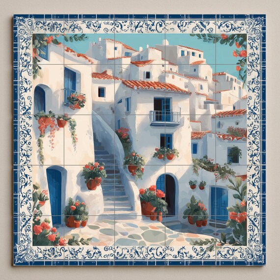 Mural de azulejos con escaleras de pueblo griego, escena de puerta azul medit… — vista 4