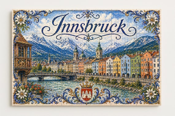 Mural de azulejos de cerámica en los Alpes de Innsbruck, Austria, coloridas c… — vista 4