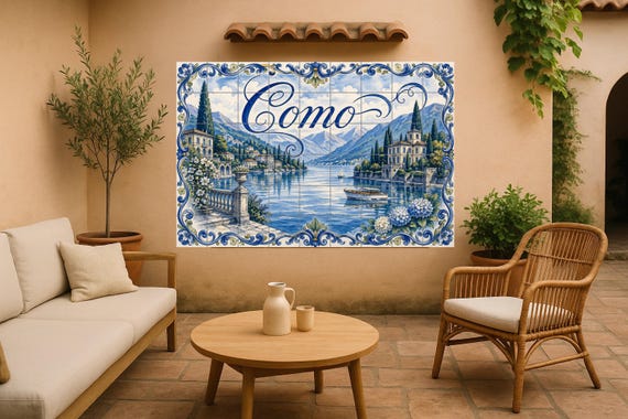 Mural de azulejos de cerámica del lago Como, Italia, arte mural a orillas del…