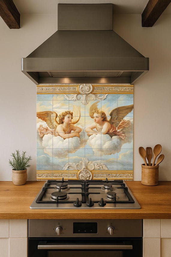 Mural cerámico de ángeles querubines renacentistas, inspirado en los putti de… — vista 3