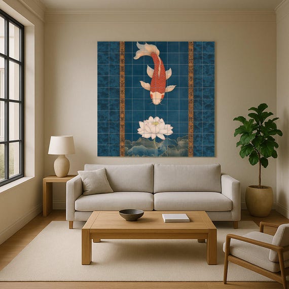 Mural cerámico de loto y koi — vista 2