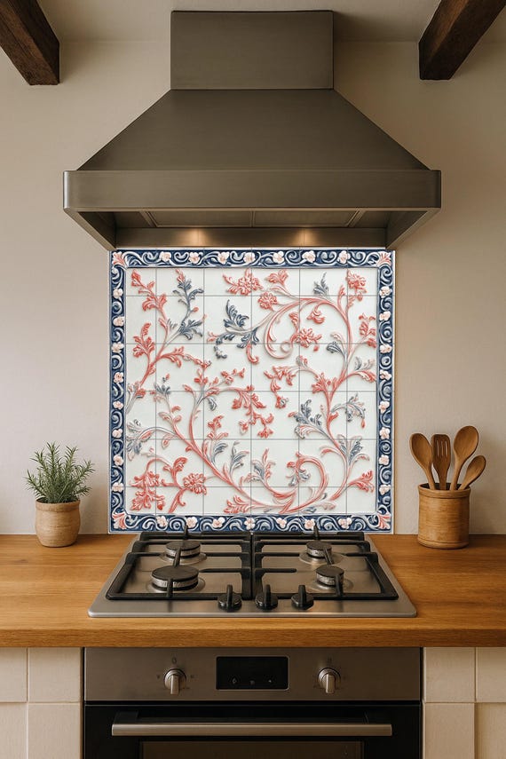 Elegante mural de cerámica con volutas botánicas, arte floral artístico para …