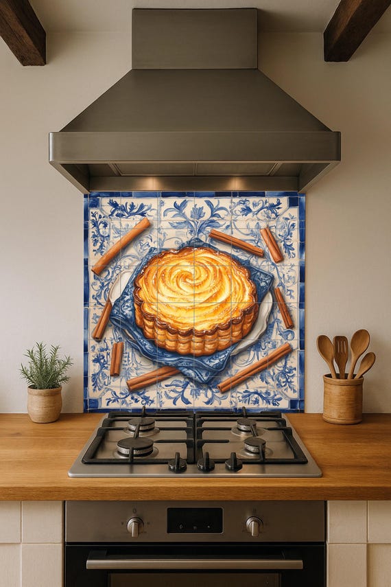 Mural portugués de azulejos de cerámica pastel de nata con palitos de canela … — vista 2