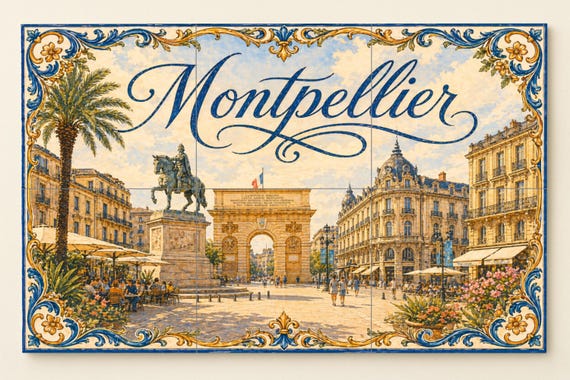 Mural de azulejos de cerámica de Montpellier, arte mural del sur de Francia i…