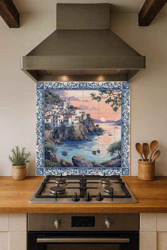Mural de azulejos con puesta de sol en el Mediterráneo — vista 3