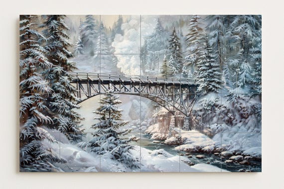 Mural cerámico con puente de montaña nevado — vista 2