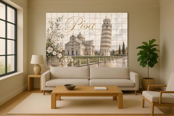 Mural de azulejos de cerámica de la Torre Inclinada de Pisa, elegante decorac… — vista 2
