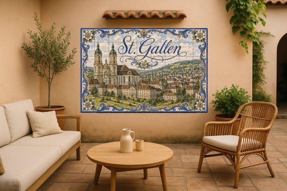 Mural de azulejos de cerámica de San Galo, Suiza, arte mural de la histórica …