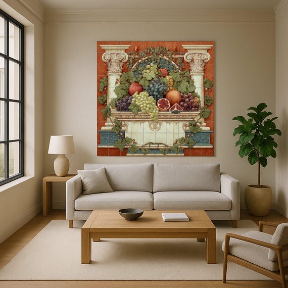 Mural de azulejos de frutas romanas