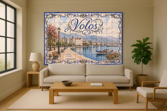Mural de azulejos de cerámica de Volos, Grecia, arte mural del puerto griego,… — vista 2