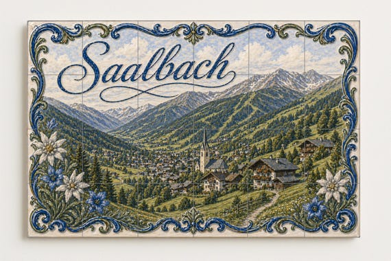 Mural de azulejos de cerámica de Saalbach, Austria, pueblo alpino y paisaje a… — vista 4