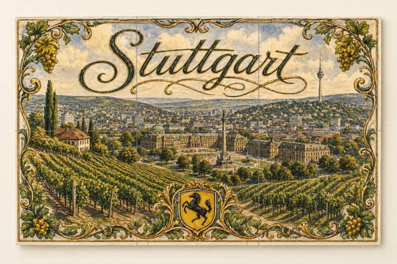 Mural de azulejos de cerámica de Stuttgart, Alemania, arte mural de paisaje u… — Mural cerámico de Cerámicas La Noria