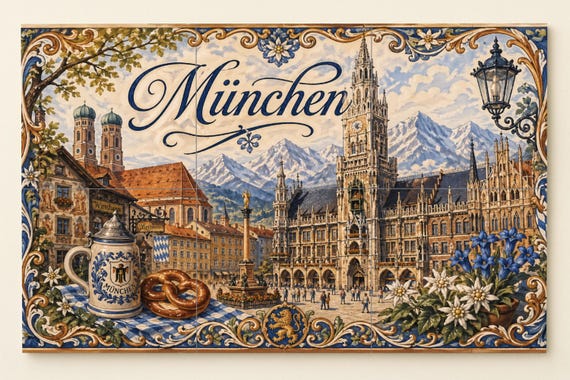 Mural de azulejos de cerámica de Múnich, Alemania, arte mural de la ciudad al… — Mural cerámico de Cerámicas La Noria