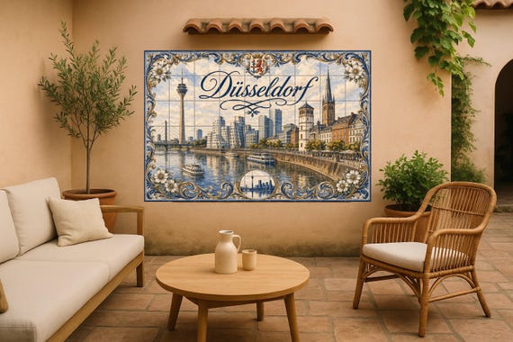 Mural de azulejos de cerámica de Düsseldorf, Alemania, paisaje urbano del río… — Mural cerámico de Cerámicas La Noria