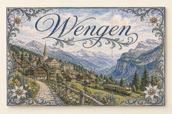 Mural de azulejos de cerámica de Wengen, Suiza, arte mural de pueblo alpino, …