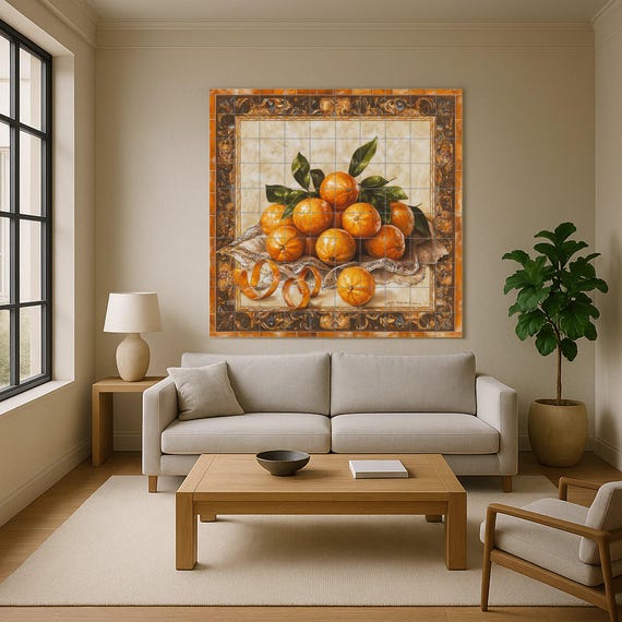 Mural de azulejos de cerámica con naranjas, cáscaras rizadas, tela de encaje … — vista 4