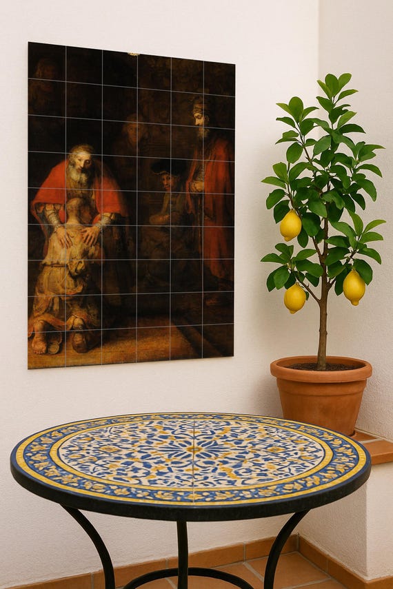 Mural de azulejos de cerámica El regreso del hijo pródigo