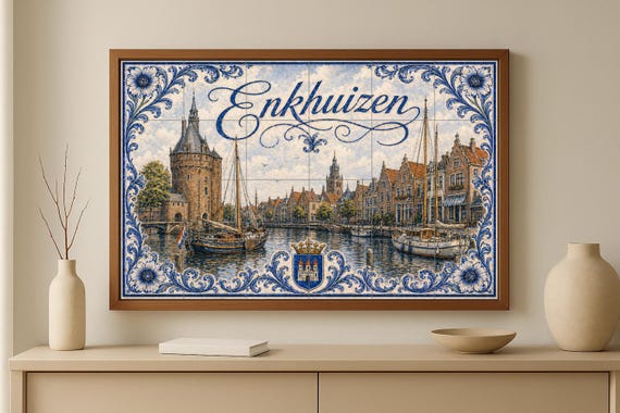 Mural de azulejos de cerámica de Enkhuizen, veleros del puerto holandés, arte… — vista 3