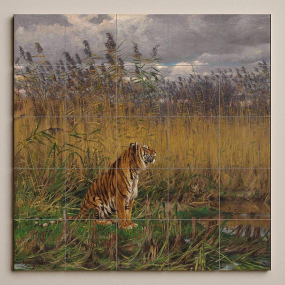 Mural de azulejos "Tigre entre los juncos"