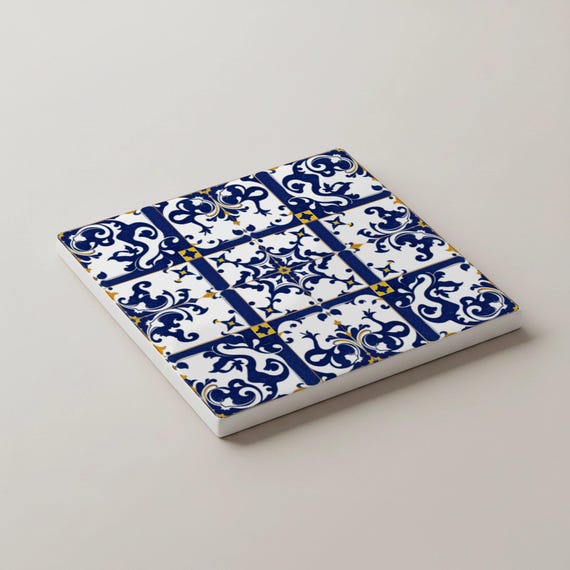 Azulejo, posavasos de azulejos azules y blancos, decoración de mesa de — vista 3